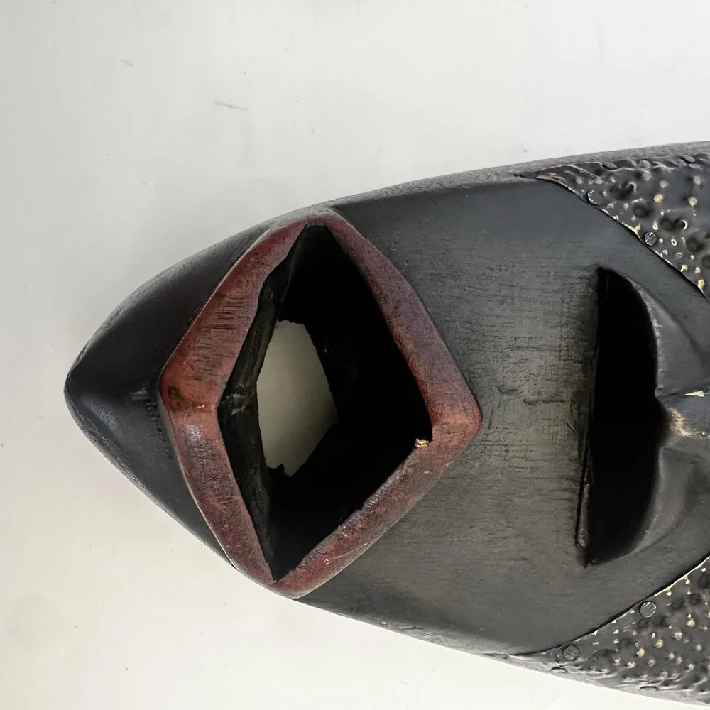 Hand Carved Ghanaian Elongated Face Mask Sese Wood Aluminum Copper 14 Inches